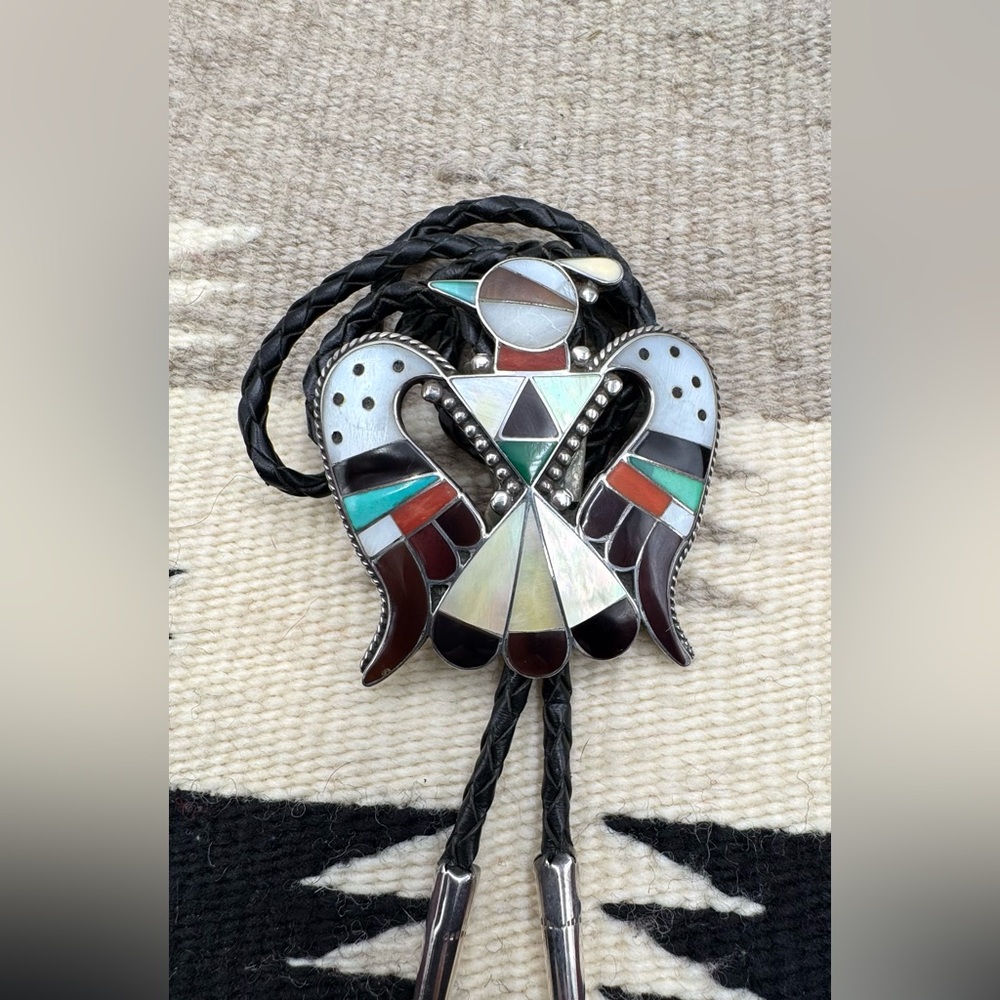 Native American Zuni Sterling Thunderbird Multi Stone Inlay Pendant Or Bolo Tie